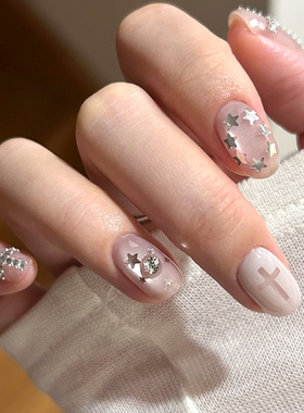 夏日新款白开水猫眼玻璃珠显白克罗心闪钻美甲成品手工定制穿戴甲