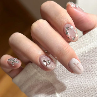 夏日新款 白开水猫眼玻璃珠显白克罗心闪钻美甲成品手工定制穿戴甲