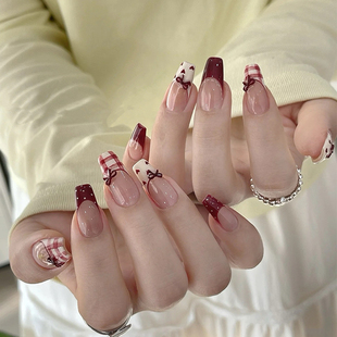 红酒微甜气质显白格纹爱心蝴蝶结法式 美甲成品手工定制穿戴甲拆卸