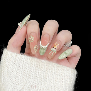 田园小兔森系清新感绿色格纹立体冰花美甲成品手工定制穿戴甲拆卸