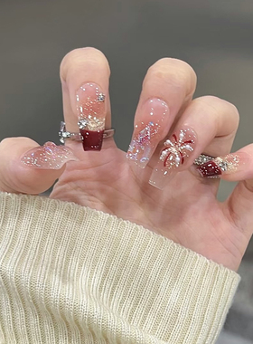 秋冬新款爆闪珍珠烟花红色法式极光钻猫眼美甲成品手工定制穿戴甲