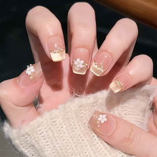 春夏新款 金色猫眼小花美甲手工定制穿戴甲防水可拆卸 温柔显白法式