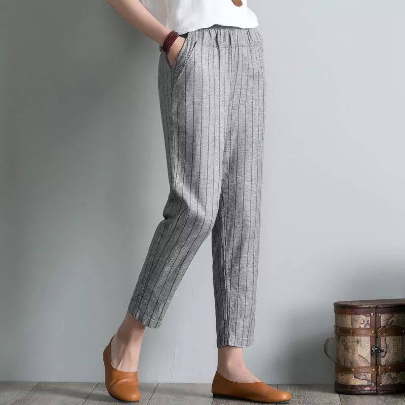 大码裤子女春秋季新款棉麻宽松九分裤亚麻裤哈伦裤休闲小脚裤松紧