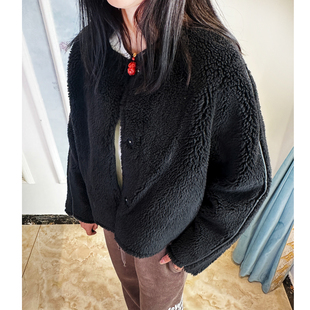 【折扣】唇印 泰迪熊款加厚羊羔毛短款 黑色廓形显瘦夹克外套女冬