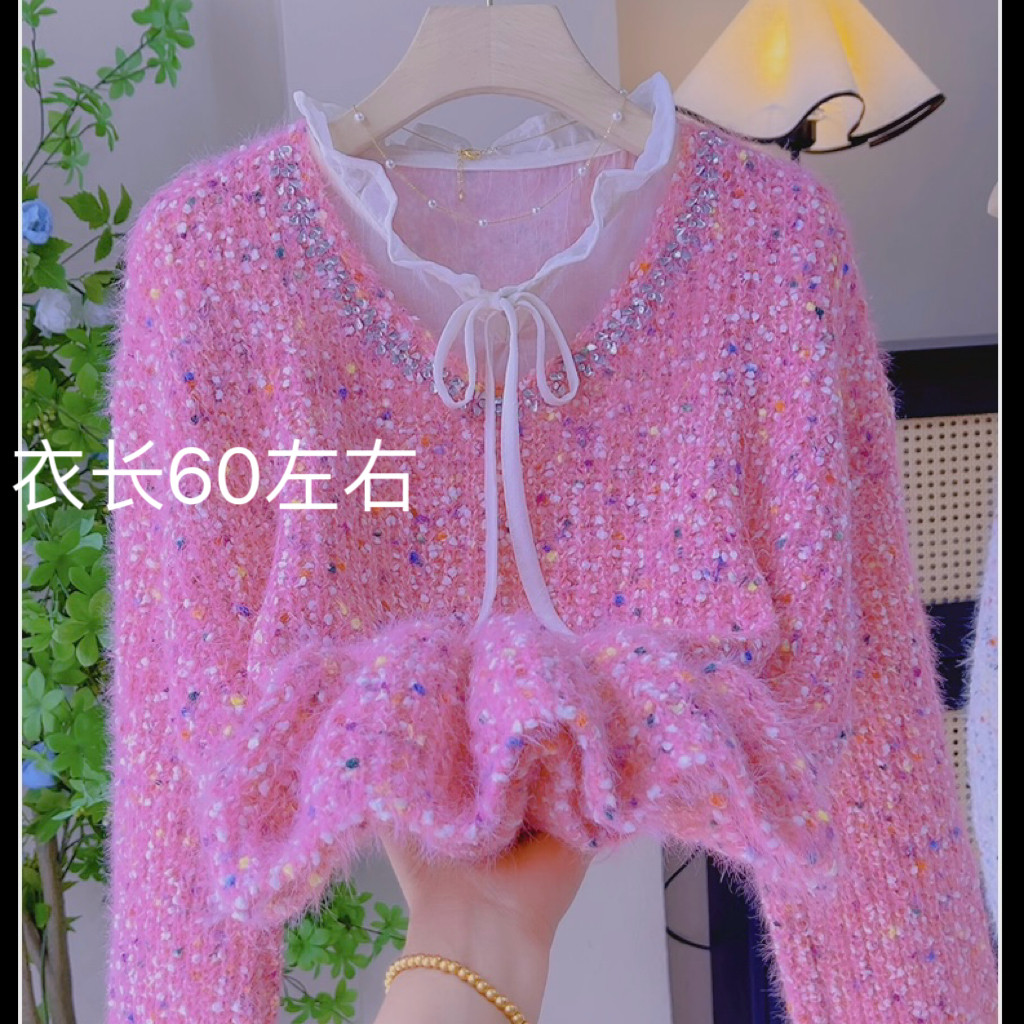 打底同)烫钻彩色波点V领套头时尚毛衣秋冬加厚减龄针织毛衣水叼绒