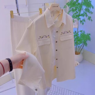 刺绣polo领法式上衣超火减龄衬衫外套杏色衬衫女款2026新款中长款