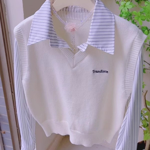 十三行韩版假两件拼接衬衫针织衫女2025春季新款时尚百搭软糯上衣