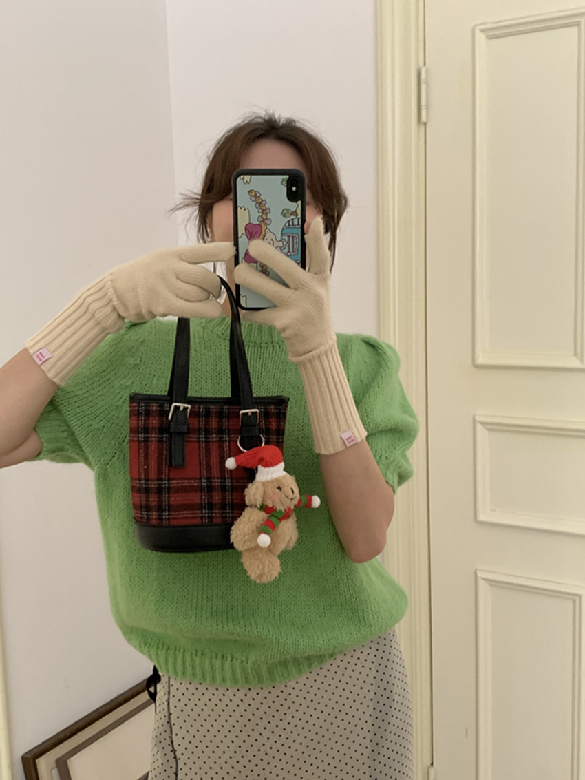 节日氛围感毛呢格拼接水桶包