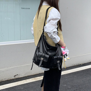 黑色大容量休闲百搭托特单肩斜挎包 肥肥自制包包女士2025春夏新款