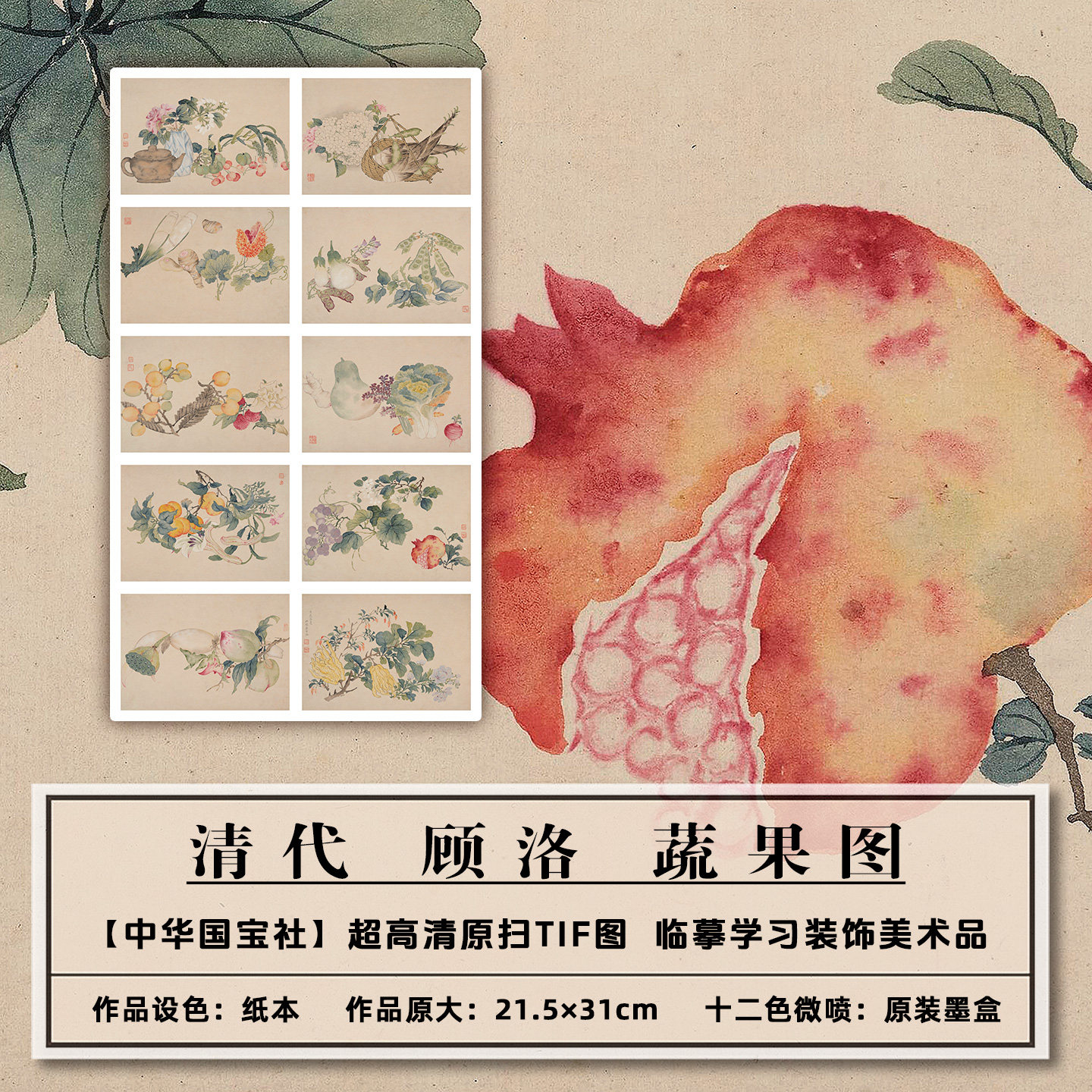 1：1美术品仿古高清清代_顾洛_蔬果图扫描大图装饰画临摹画稿学习