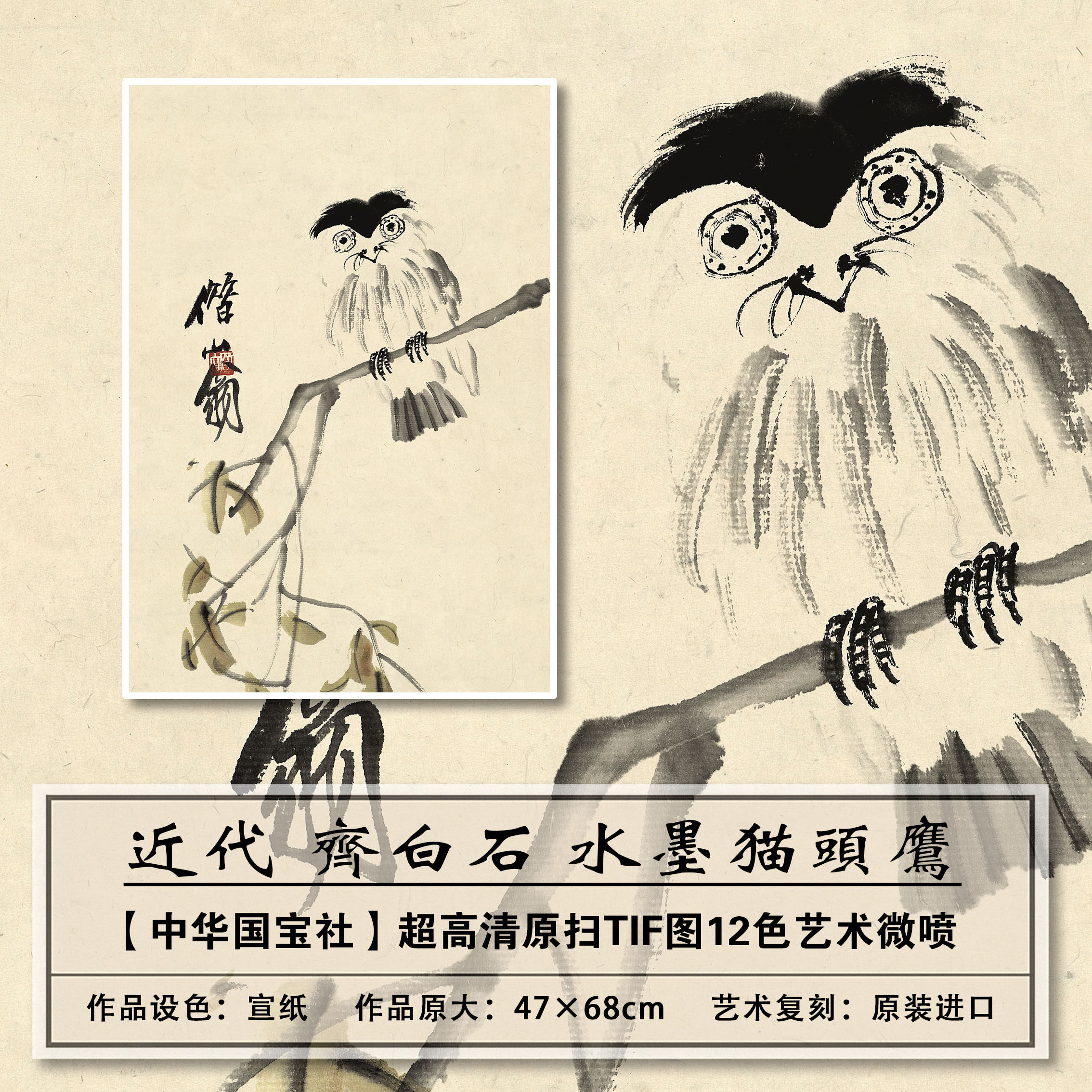 1:1真迹复刻近代齐白石猫头鹰扫描大图装饰画临摹画稿学习范本
