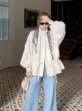 夏上新高级小众设计感灯笼袖抽绳立领风衣短外套ys-3671