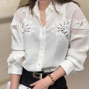 翻领长袖 拼网纱刺绣钩花天丝亚麻衬衫 D71 26年春款