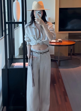 约重工定珠度假风亚麻衬衫+阔腿直筒遮肉西裤两件套装40922