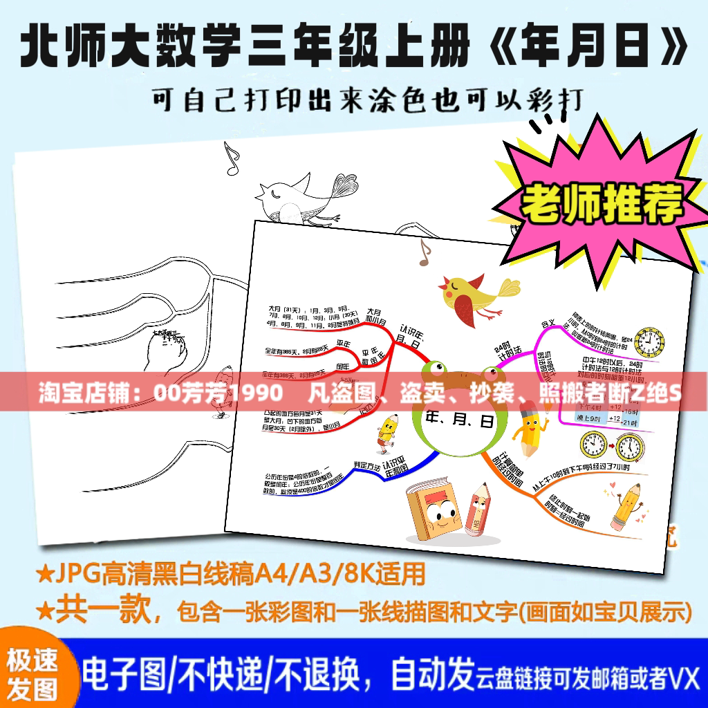 北师大小学数学三年级上册第七单元年月日手绘思维导图手抄报模板