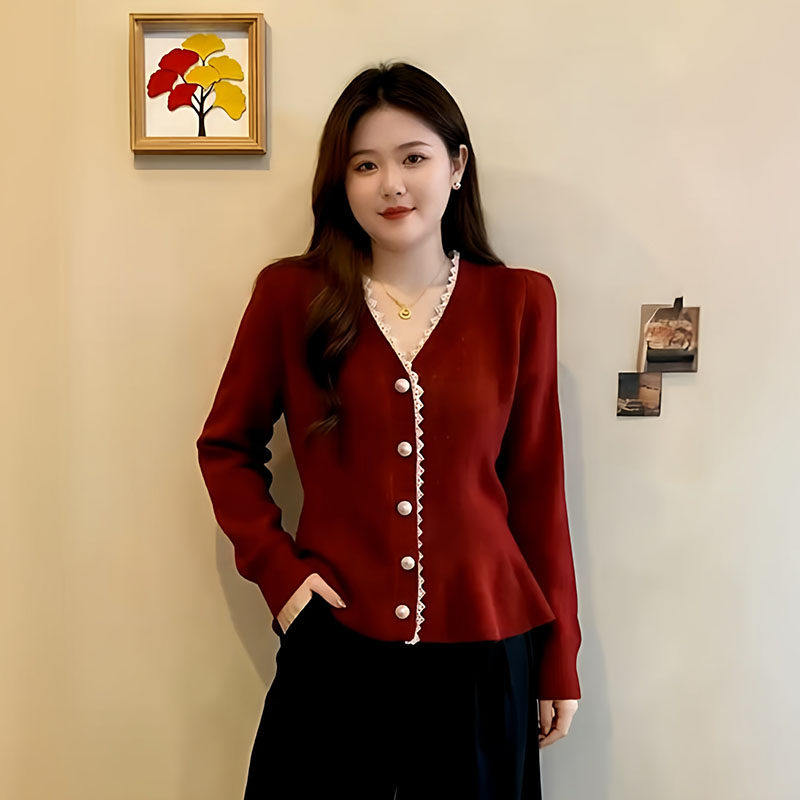 大尺码小香风蕾丝花边V领红色毛衣针织衫女冬季胖mm巨显瘦新年上