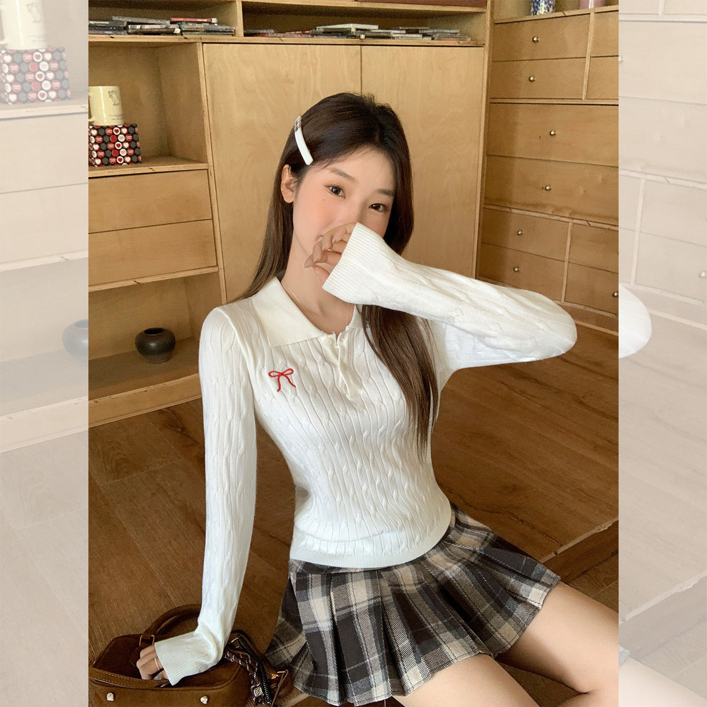 韩系刺绣POLO领设计感长袖针织衫女2026初秋新款修身打底内搭上衣