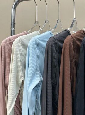 同款竖条螺纹春夏allit tak瑜伽服长袖女圆领修身弹力上衣T恤gwr