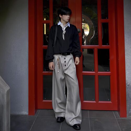 千鸟格打褶排扣a字阔腿西裤男轻职场通勤穿搭老钱风cleanfit裤子