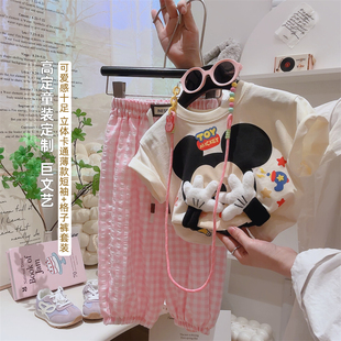 洋气格子裤 韩韩良品亲子装 韩版 新款 卡通立体玩偶纯棉T恤2025夏季