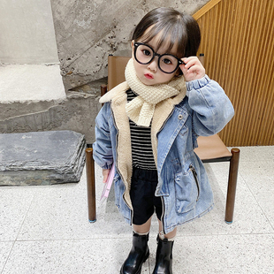 【秒杀】儿童羊羔绒中长款牛仔外套冬季新款女童加厚上衣X3716