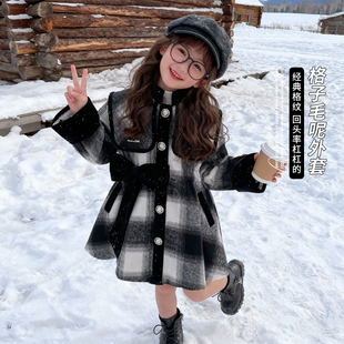 女童加绒加厚外套2026冬季新款中大童格子小香风蝴蝶结中长款大衣