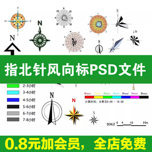 ps指北针比例尺图标建筑景观规划彩平图玫瑰风向标PNG图例psd素材