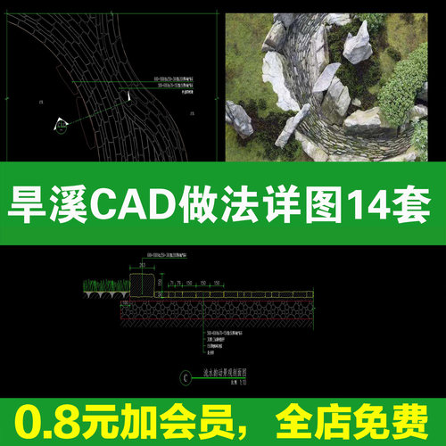 旱溪CAD施工图节点大样图生态雨水花园植草沟景观给排水做法详图