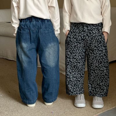 儿童牛仔裤子男童女童春秋装豹纹休闲直筒裤新款春秋季宝宝长裤
