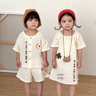儿童绣花睡衣夏季棉纱纯棉女童睡裙宝宝新款小男孩家居服兄妹套装