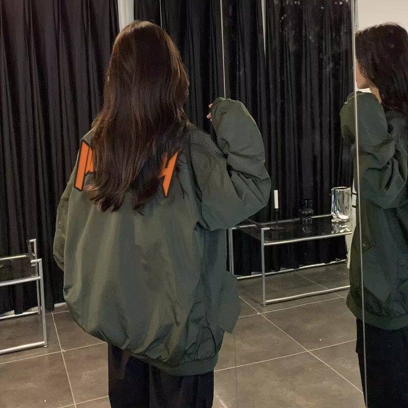 春秋季女潮原宿外套美式港风ins军绿色夹克小众服棒球设计感情侣
