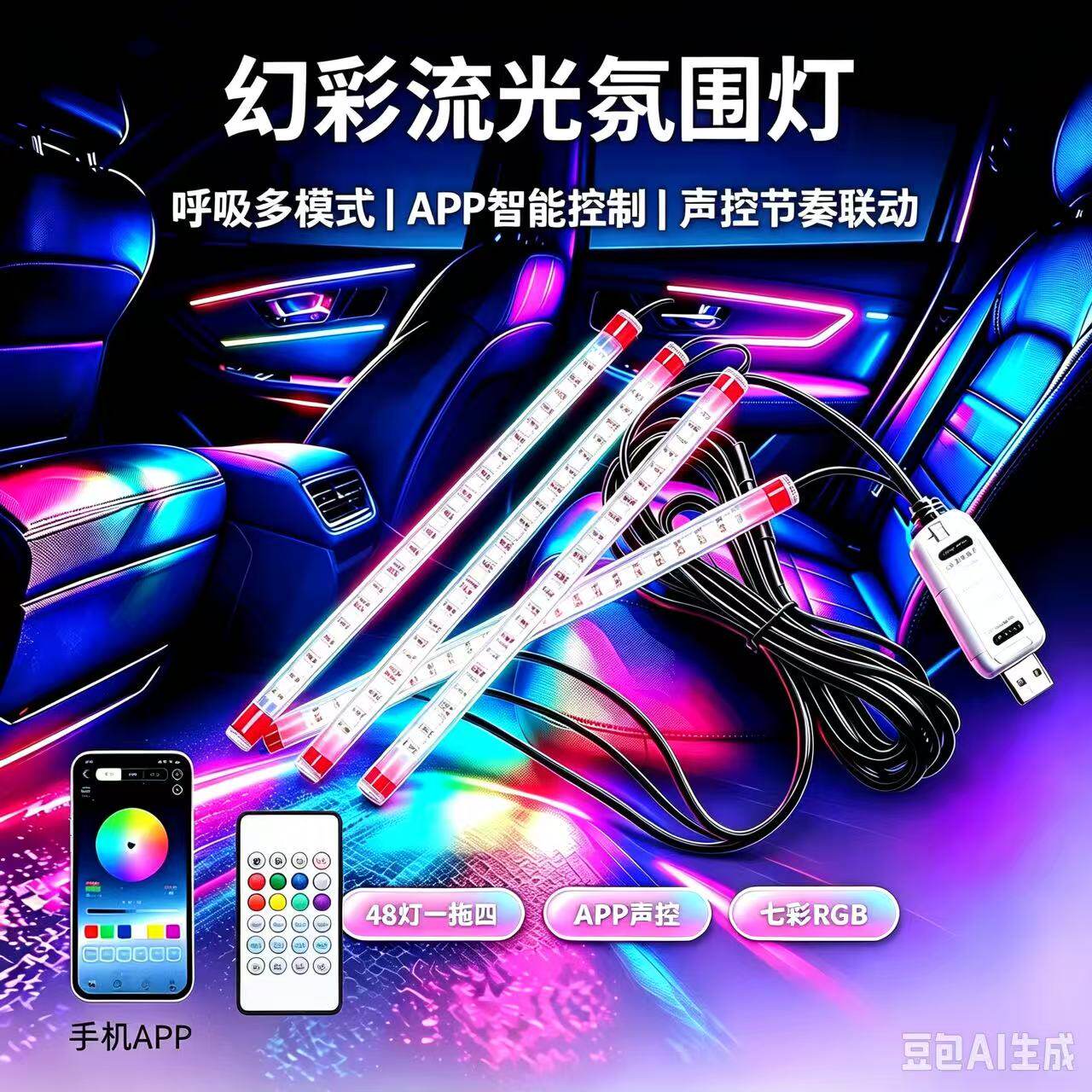 车内氛围灯汽车脚底灯幻彩流光usb免打孔脚窝灯led音响节奏声控灯