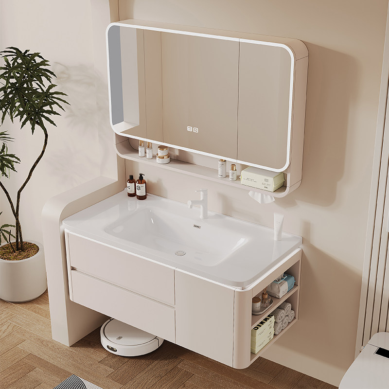 奶油风实木浴室柜陶瓷一体盆卫生间洗漱台洗手池洗脸盆柜组合套装