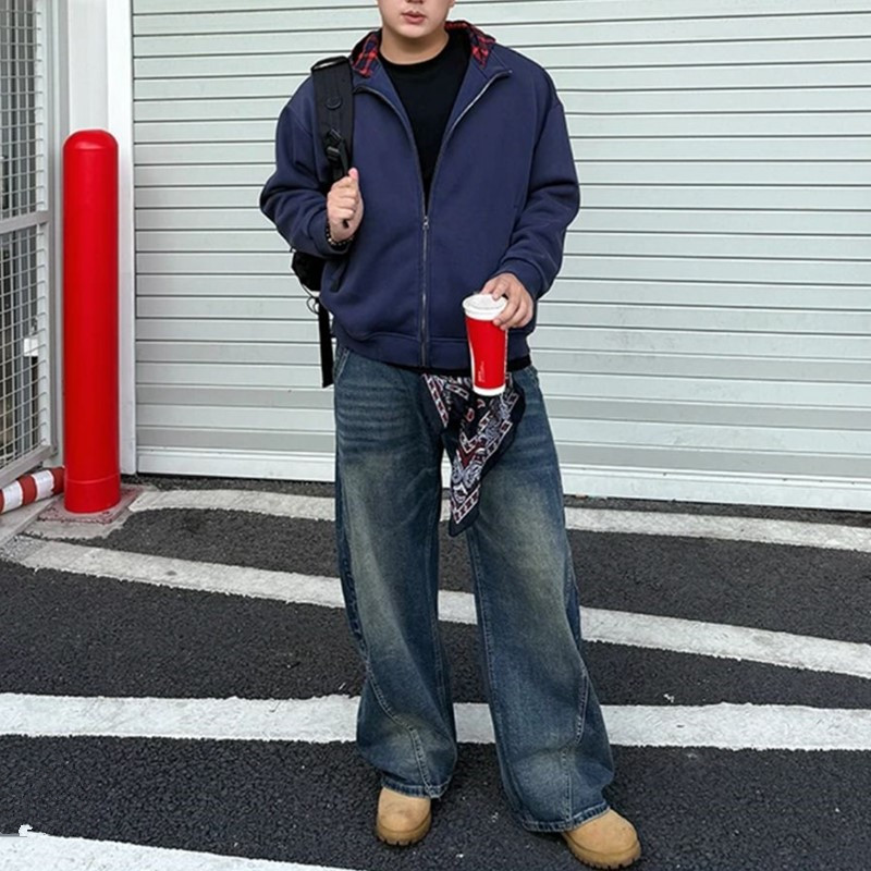 男生秋季新品格纹连帽开衫卫衣