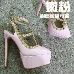15公分嫩粉色漆皮防水台尖头凉鞋铆钉定制年会晚装礼服高跟鞋凉鞋