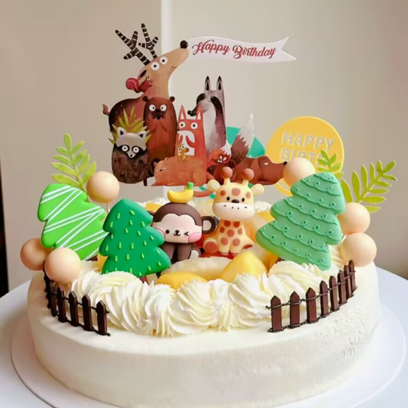 山姆变装千层蛋糕装饰小浣熊狐狸森系绿叶植物插件长颈鹿猴子麋鹿