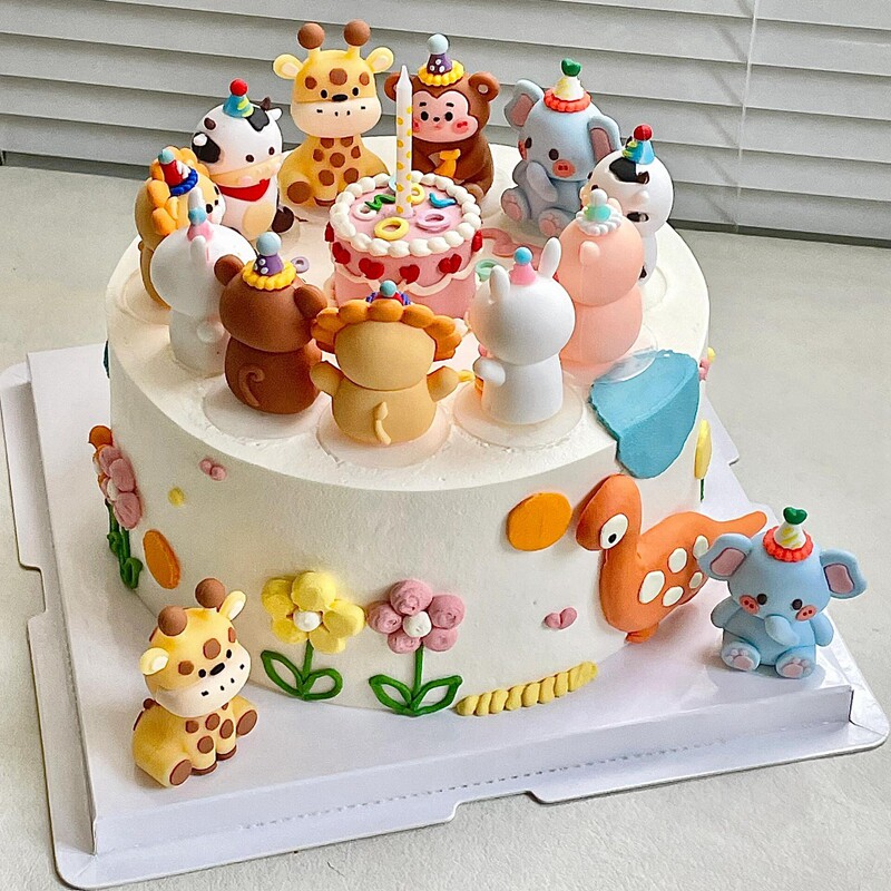 软胶生日派对帽子小动物蛋糕装饰摆件长颈鹿猴子大象狮子12兔子
