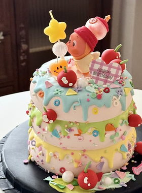 PVC吹泡泡许愿黄色星星人周岁蛋糕装饰摆樱桃黄色笑脸ins生日蜡烛