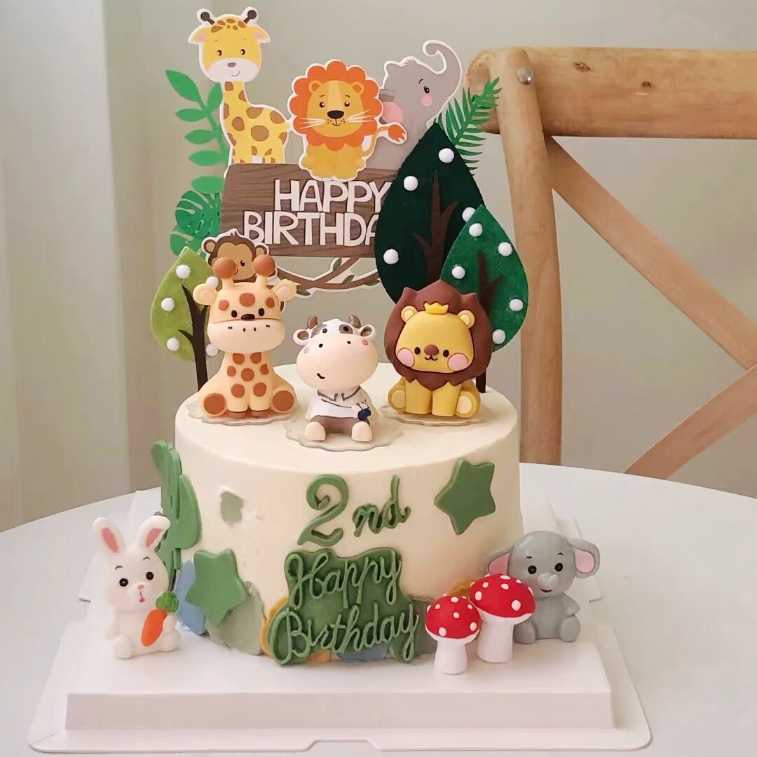森系田园风动物园蛋糕装饰插件猴子大箱狮子长颈鹿兔宝宝卡通插牌