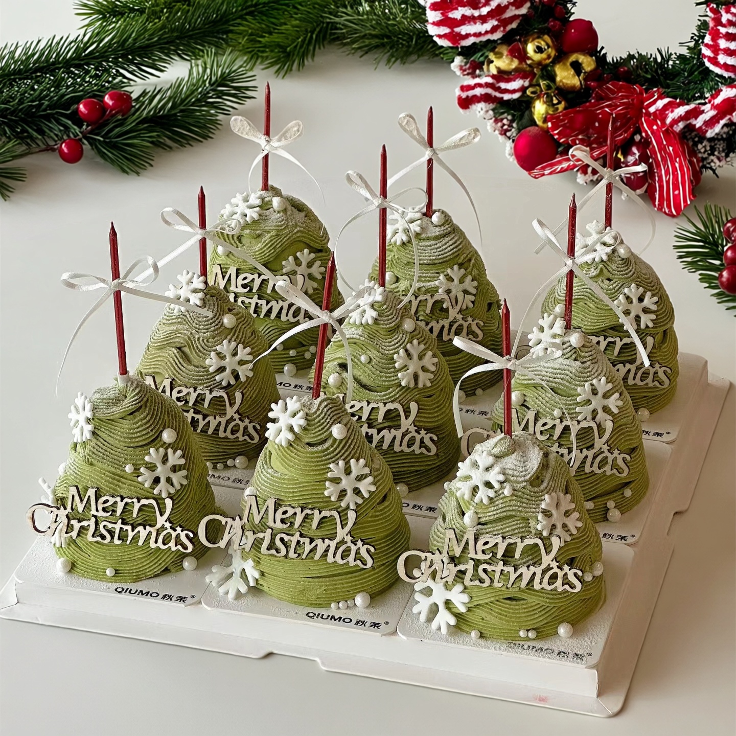 2026圣诞节快乐蛋糕装饰插件木质插牌许愿塔白色雪花丝带铅笔蜡烛