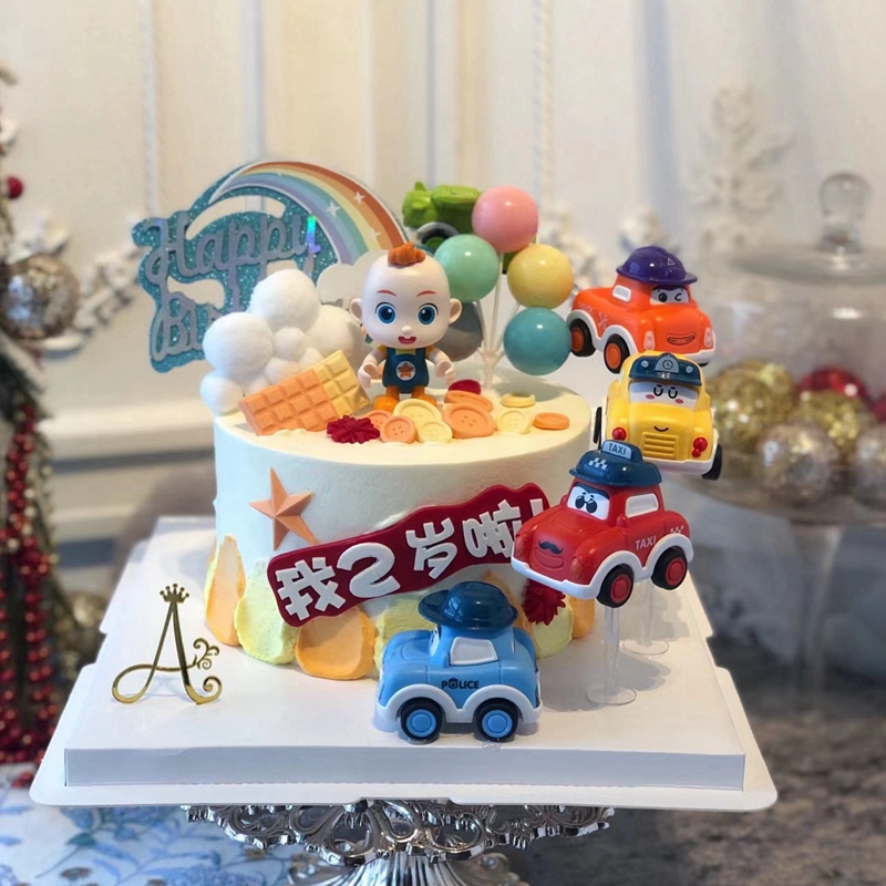 小汽车蛋糕装饰男宝宝周岁生日卡通出租车警车救护车巴士飞机插件