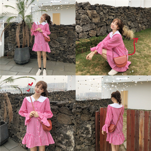 Price control is not less than 40.99 yuan spring Korean version checked doll collar long sleeve lotus leaf edge dress.