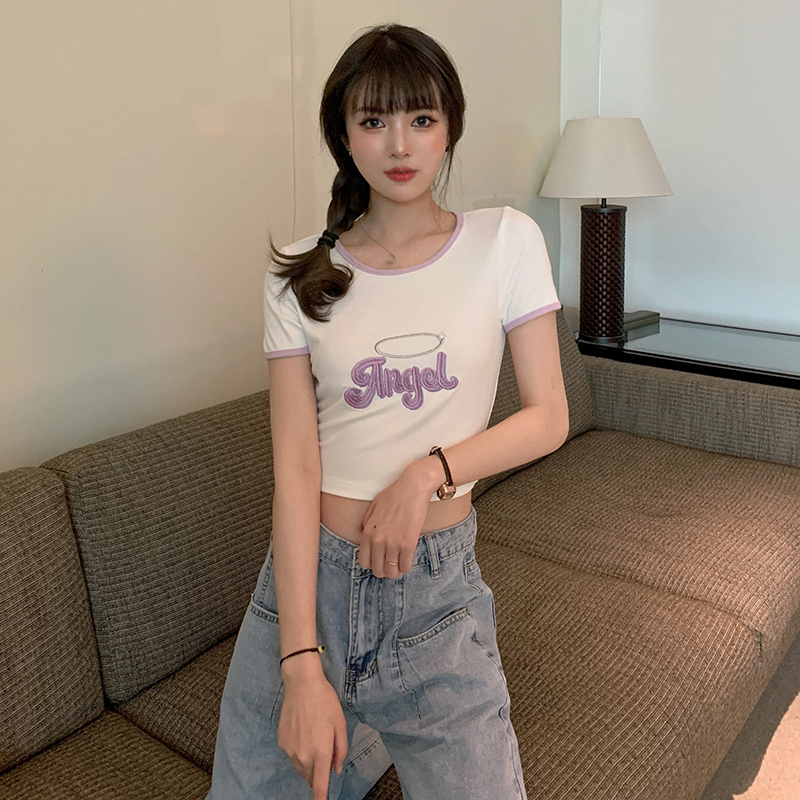 Real auction real price summer short open navel short sleeve T-shirt slim and slim letter embroidered bottom shirt