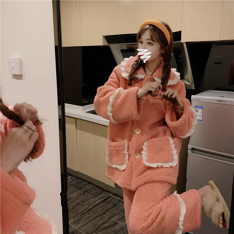 Real shot real price autumn chic sweet color contrast edge casual lamb wool simple Pajamas Set