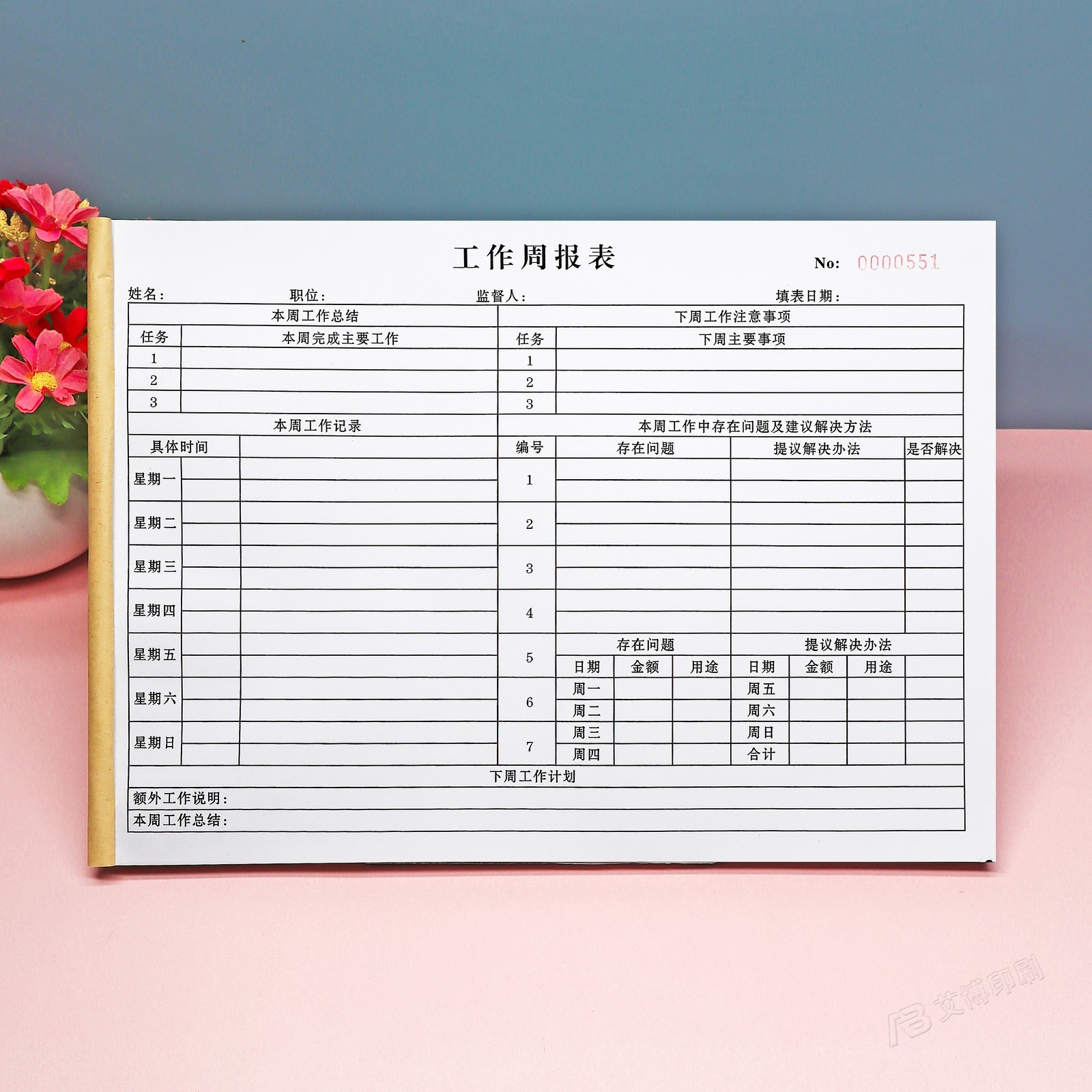 订制单联每周工作记录表周报表