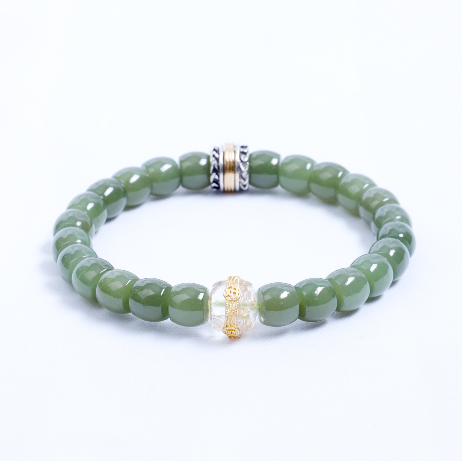 7*8mm直切和田玉搭配老银白水晶镶嵌女士手串设计款手链