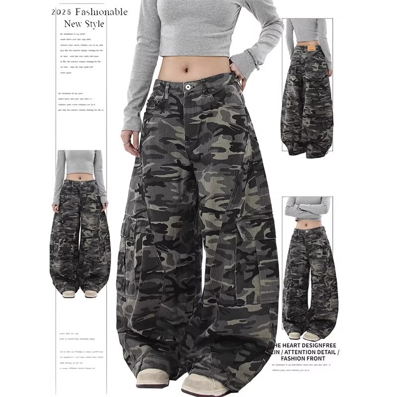 美式复古多口袋迷彩工装裤弯刀裤