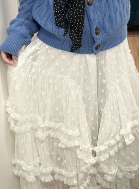 白色蕾丝防走光半身裙女春秋大码胖MM超仙公主裙蓬蓬蛋糕重工裙子