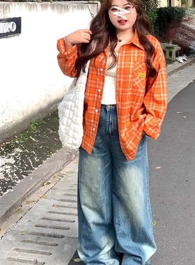 大码美式薄款橙色格纹长袖衬衫女胖妹妹宽松休闲外套防晒上衣外穿