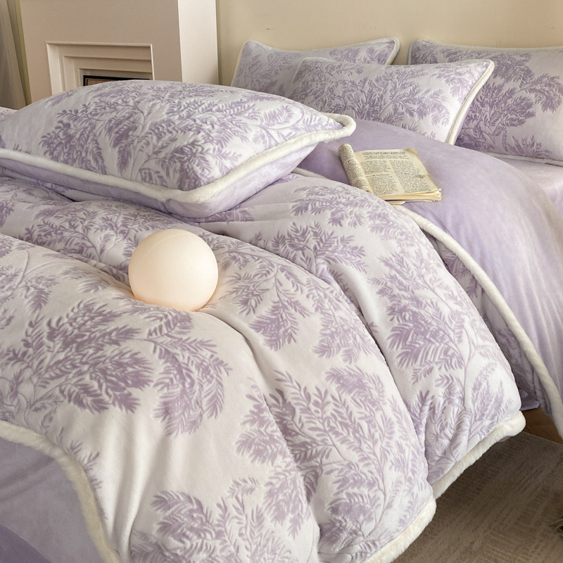 冬季加厚牛奶绒四件套法式雕花双面加绒保暖珊瑚绒被套罩床上用品